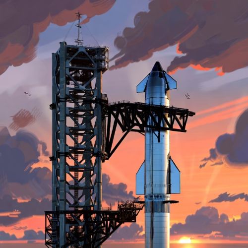 Wide-angle cinematic view of Starbase Orbital Launch Complex, Boca Chica, TX, at golden hour.