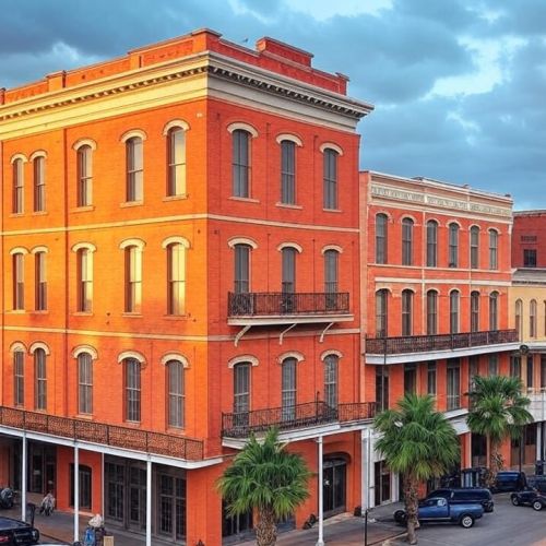 A wide, Spiderverse-style artistic painting of Downtown Brownsville, TX at golden hour, vibrant warm
