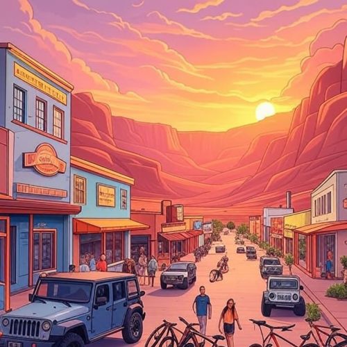Illustrated 256 color vector art in Jo Mora's whimsical style, a wide golden hour vista of downtown 