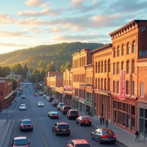 An artistic low-color-count vector-art-inspired illustration of historic downtown Flagstaff, Arizona