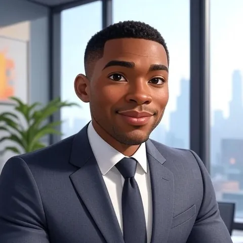 Onyx, a muscular young Black man wearing a sharp grey business suit