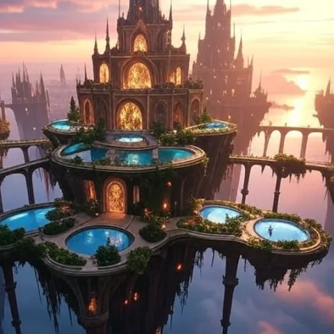 Floating supernatural city above the clouds and waters