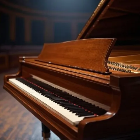 Grand piano illuminated on the stage of a large concert hall