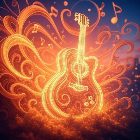 Outlines of a glowing yellow guitar floating above the clouds